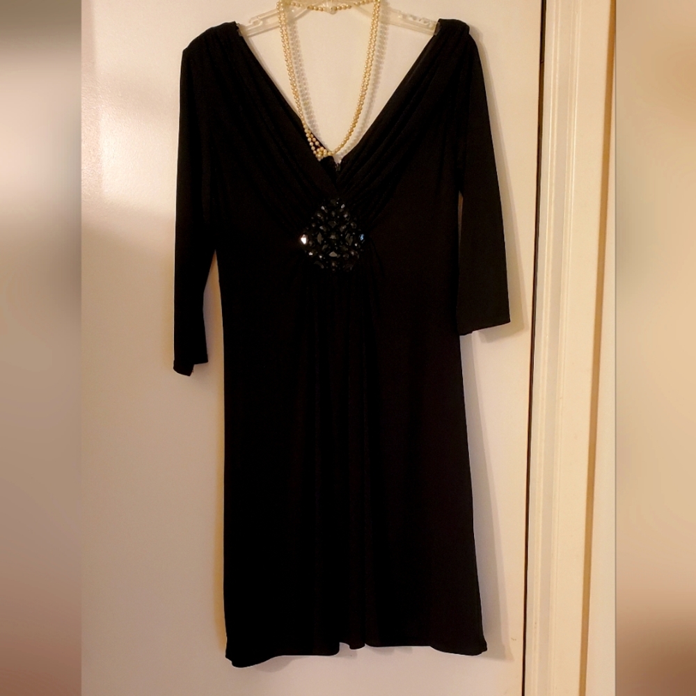 Ruched Black Dress V Neck Size 12 Beaded